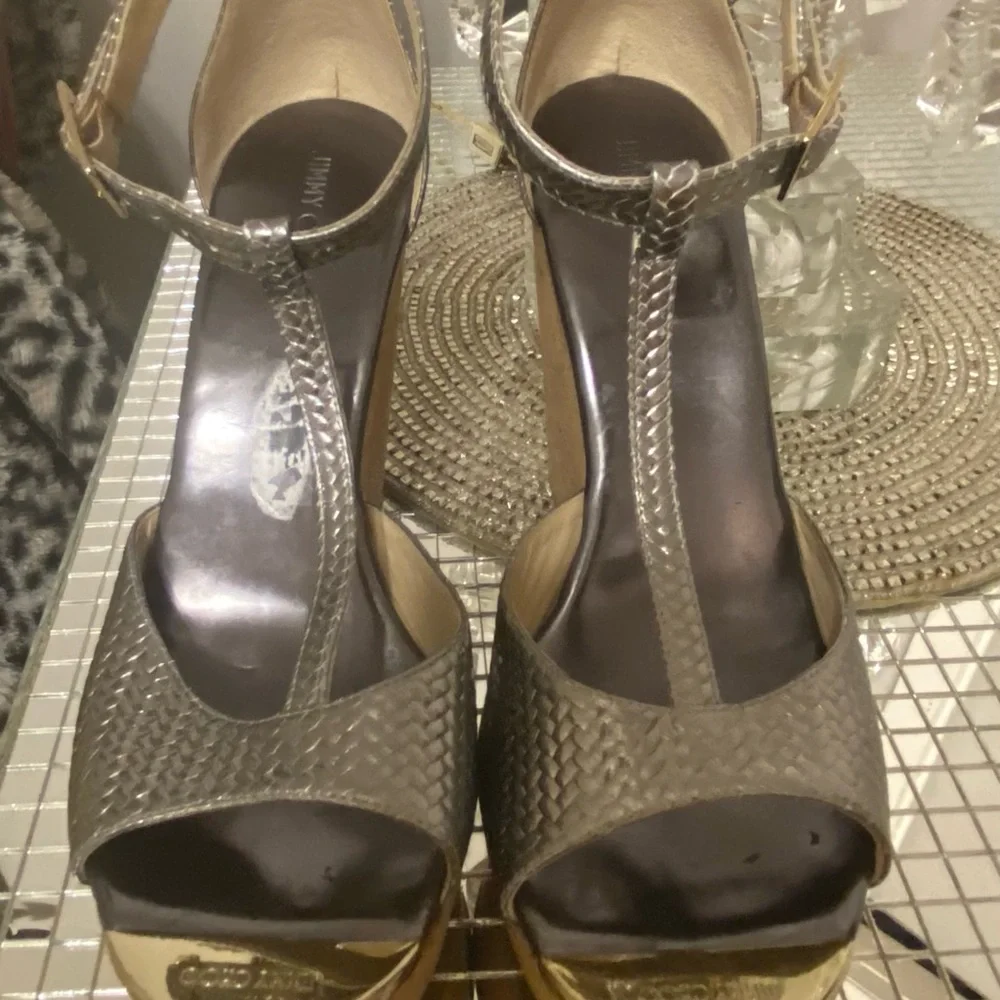 Jimmy Choo Pela Silver T-Strap Cork Platform Wedge Sandal Size 41 - Picture 2 of 16